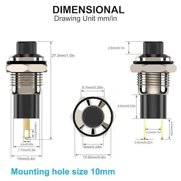 Tryckknappsbrytare - Självlåsande minibrytare (10 mm rund Dc24v, 6 st)