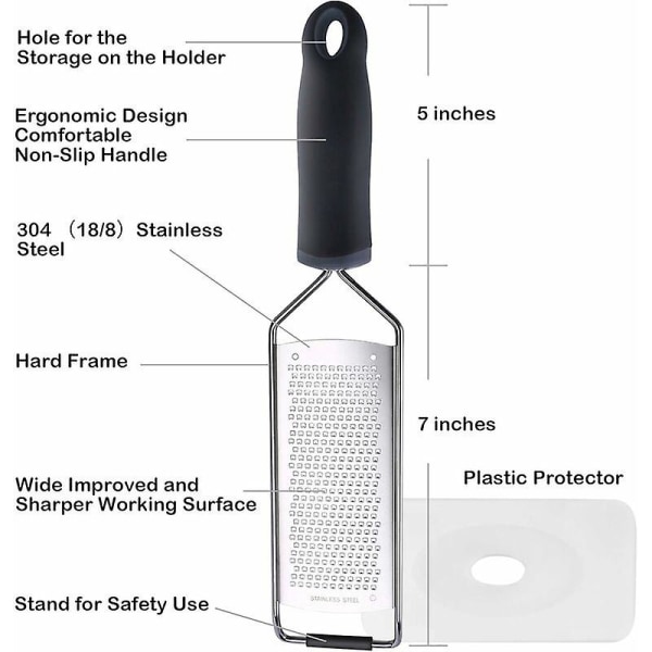 Ruostumattomasta teräksestä valmistettu juustoraastin, jossa ergonominen pehmeä kahva, sitruuna, inkivääri, perunalapio (musta)
