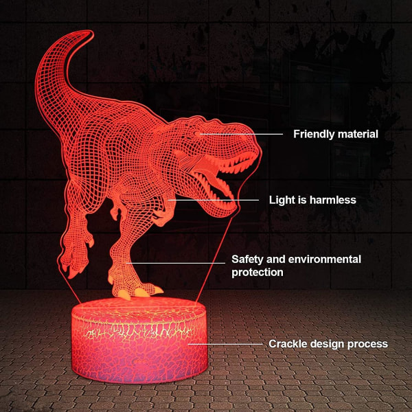 Dinosaurus 3D Illuusiolamppu Pojalle Dinosauruslamppu 16 Väriä Kaukosäätimellä Älykäs Kosketus Yövalo Paras Lahja [DB]