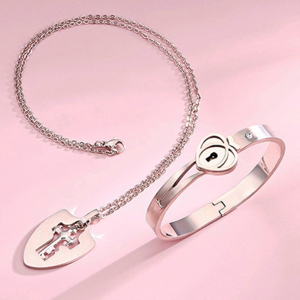 Lås Armbånd og Nøgle Halskæde Titanium Stål Par Smykker Romantisk Gave [DB] Steel color