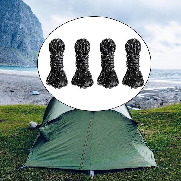 4 st Tältlinor 4mm med Spännare Bärbara Multifunktionella Tältrep för Utomhus Tälttillbehör [DB] Black 4mmx4m