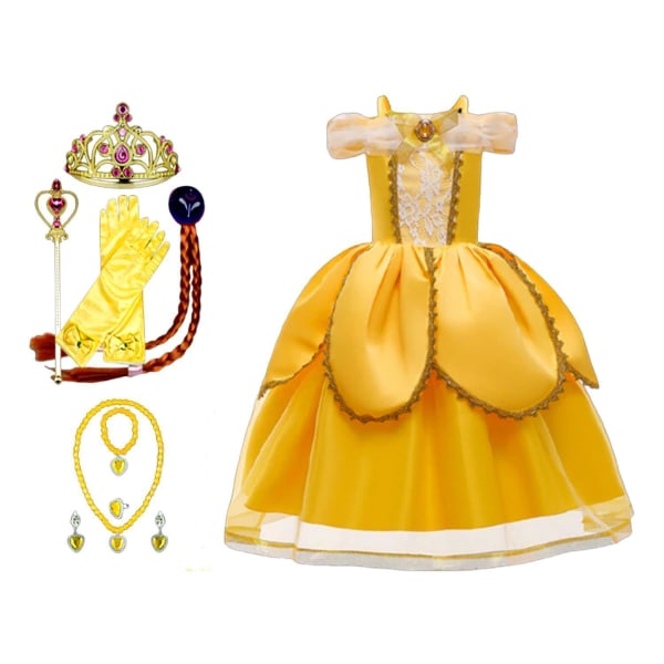 Princess Belle klänning Skönheten & odjuret  + 8 extra tillbehör 150 cm one size