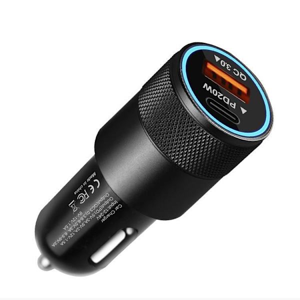 38W dubbel billaddare 20W USB-C & 18W USB-A QC3.0 Svart
