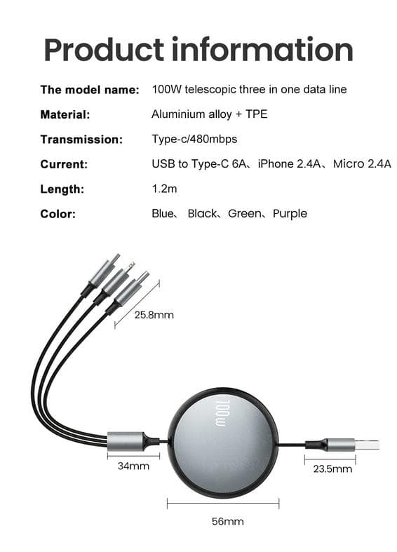 3-i-1 indragbar kabel - Lightning, USB-C, Micro USB Purple M