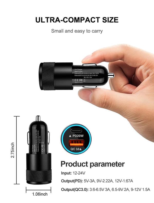 38W dubbel billaddare 20W USB-C & 18W USB-A QC3.0 Black M