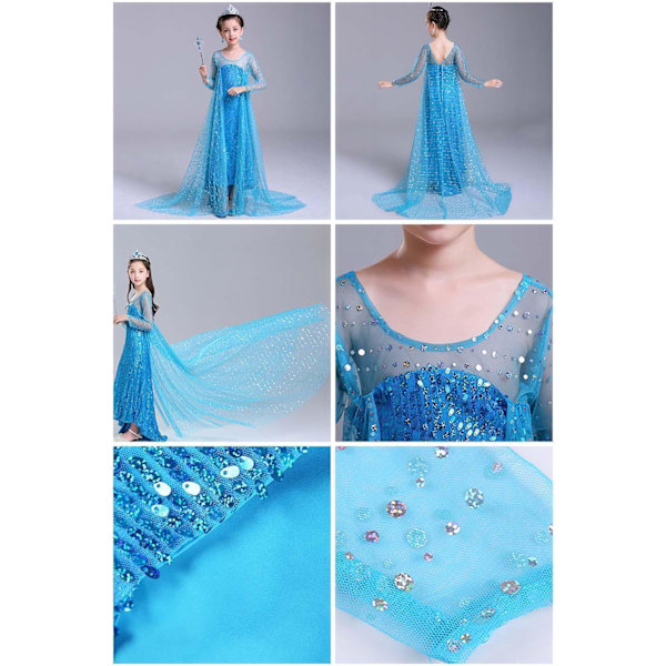 Elsa Frozen klänning flickdräkt för barn + 7 extra tillbehör 130 cm one size