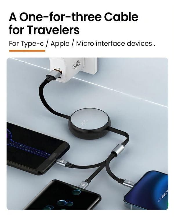 3-i-1 indragbar kabel - Lightning, USB-C, Micro USB Purple M