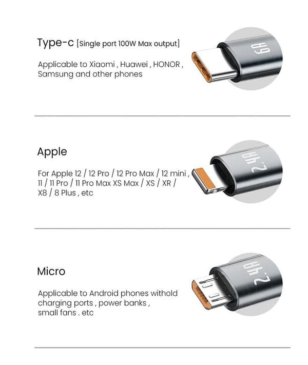 3-i-1 indragbar kabel - Lightning, USB-C, Micro USB Purple M