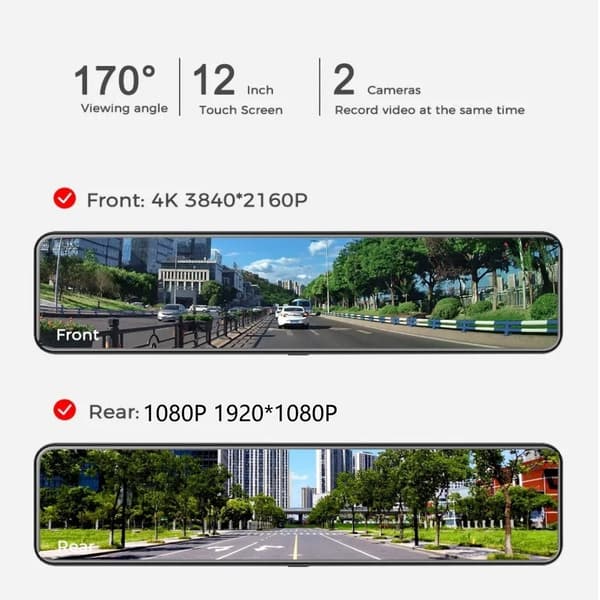 DASH CAM 12 tommer , Full 4K HD-DUAL LENS,,GPS-navigation