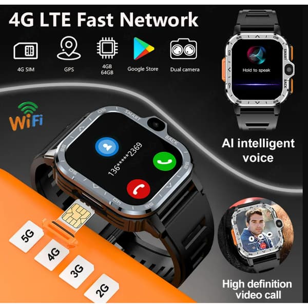 PGD ​​Smartklocka 4G LTE GPS Wifi SIM-kort Dubbelkamera Robust 16/64G ROM