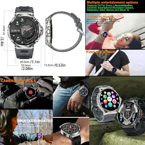 Militärklocka för män med stor skärm och fitnesstracker
