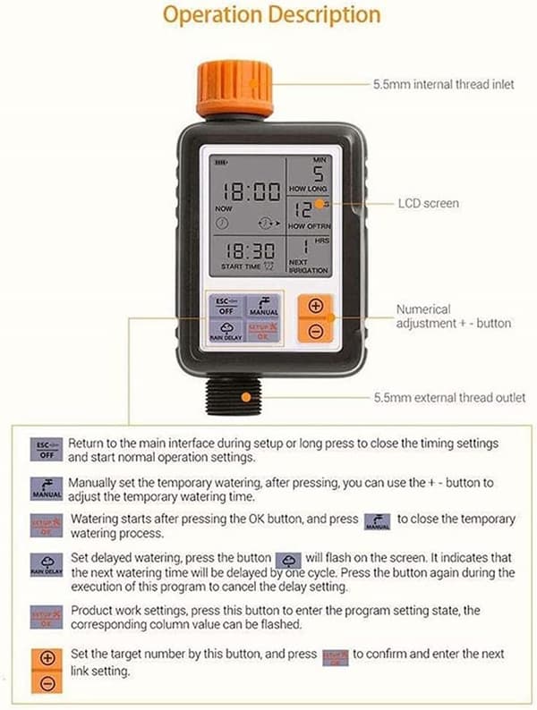 1 set automatisk trädgårdsbevattningstimer digital display bevattningskontroll för gräsmattor, växter och rabatter, läckagesäker design, låsfunktion