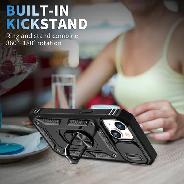 (Sort) 1. iPhone 15 Cover, Kamerahus med Roterende Ringholder til Apple iPhone 15