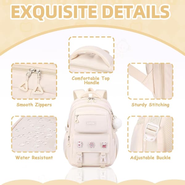Girls' Backpack, Kids' Backpack with Anti-Theft Back Pocket, Lightweight School Backpack, Elementary School Bag Beige Beige