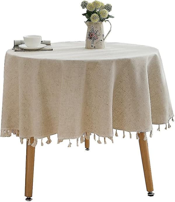 Round Solid Cotton Linen Tassel Tablecloth for Kitchen, Dining Room, Farmhouse