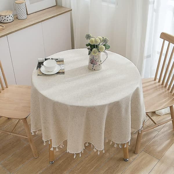 Round Solid Cotton Linen Tassel Tablecloth for Kitchen, Dining Room, Farmhouse