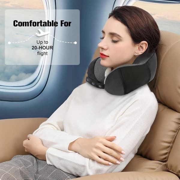 Memory Foam Travel Pillow, Adjustable & Compact Airplane Pillow, Ergonomically Designed, Includes Earplugs, Eye Mask & Storage Bag.