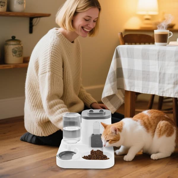 2-i-1 Automatisk Kattefoderautomat med Vanddispenser - 2,2L Foder & 0,8L Vandstation til Katte & Små Hunde, Hjem & Rejse