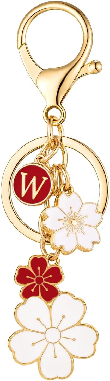 Red Initial W Keychain with Flower Charms for Key Cute Letter Keychain for Backpack