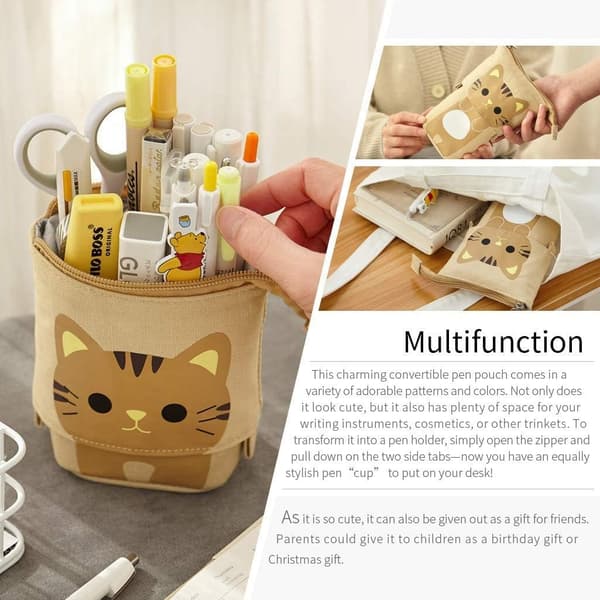 Cat Pencil Case Canvas Pen Holder Vertical Pencil Case Student Case, Yellow, Classic