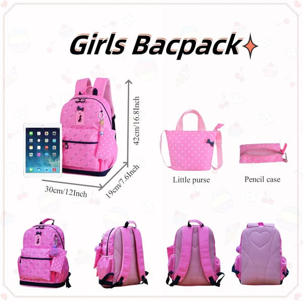 Heart Print Bow Backpack Set Elementary School Bag Travel Backpack Shoulder Bag Girls Backpack