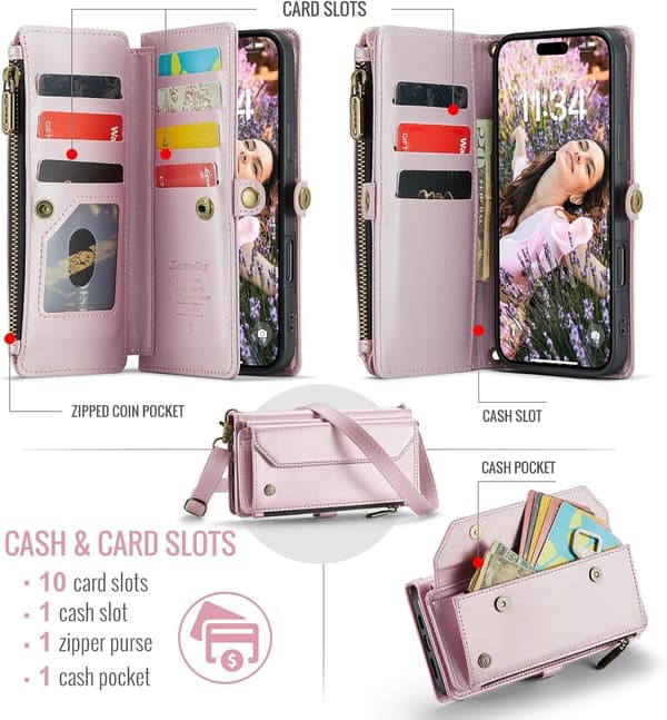 Caseme Plånboksfodral med dragkedja iPhone 16 Plus Rosa