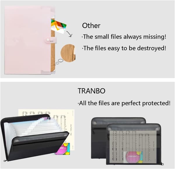 13-Pocket Expandable File Folder with Zipper, A4 Plastic Document Organizer with Practical Front Pocket for Personal Office Storage - Black
