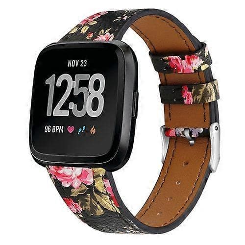 Læderrem med rundt spænde til Fitbit Versa 2 / Fitbit Versa / Fitbit Versa Lite Black Skin Pink Flower