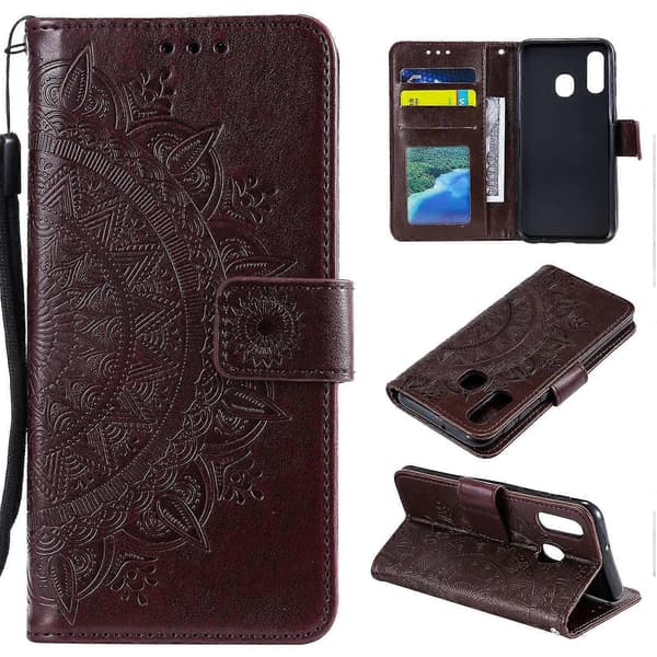 Embossed Mandala Flower Stand Wallet Leather Case for Samsung Galaxy A40 Brown