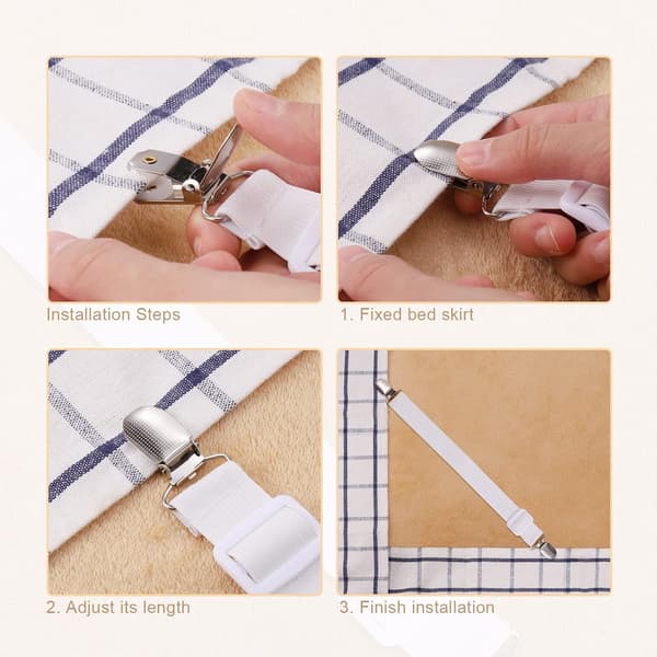8 Pieces Sheet Clips, Adjustable Sheet Holders, High Elastic Fitted Sheet Straps with Clips, Sheet Fasteners Max Stretch 120cm, Sheet Holders