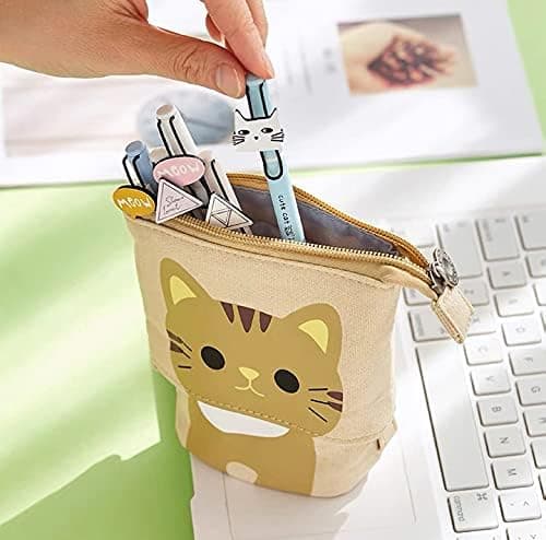Cat Pencil Case Canvas Pen Holder Vertical Pencil Case Student Case, Yellow, Classic