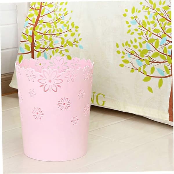 Round Plastic Waste Bin, Hollow Lace Waste Basket for Office. (1-pack Pink)