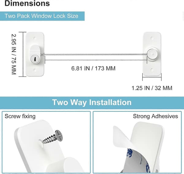 Window Safety Lock 2-pack Versatile Window Restrictor Self-adhesive for Drill-Free Window Locks, Refrigerator Lock with Key Children Pets Child Safety C