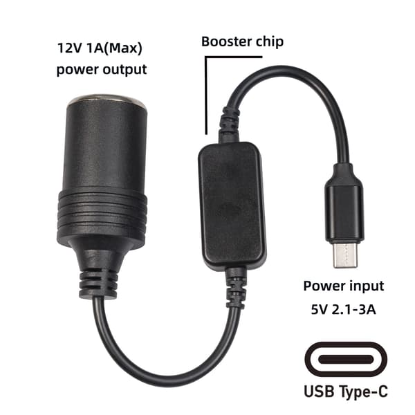 1 stk. USB-C 5V til 12V Cigarettænderstik USB Han til Hun Tænderadapter Konverter Bil elektronik AC