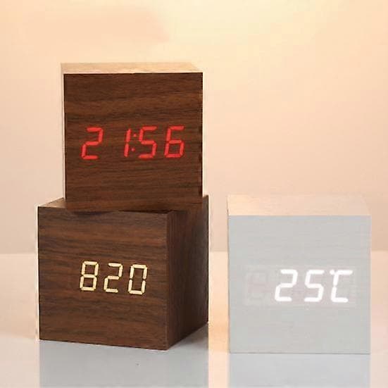 Digital Alarm Clock 12/24H Format Adjustable Brightness Voice Control Power Saving Mode Temperature Date Display Battery Operated dark brown