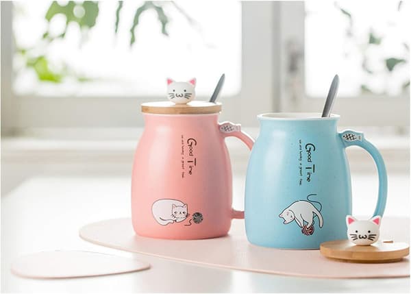Frukostmugg Present till Vänner Katt Kaffe Mugg Kanin Te Koppen med Lock Sked