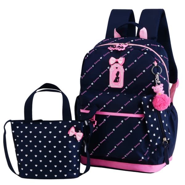 Heart Print Bow Backpack Set Elementary School Bag Travel Backpack Shoulder Bag Girls Backpack