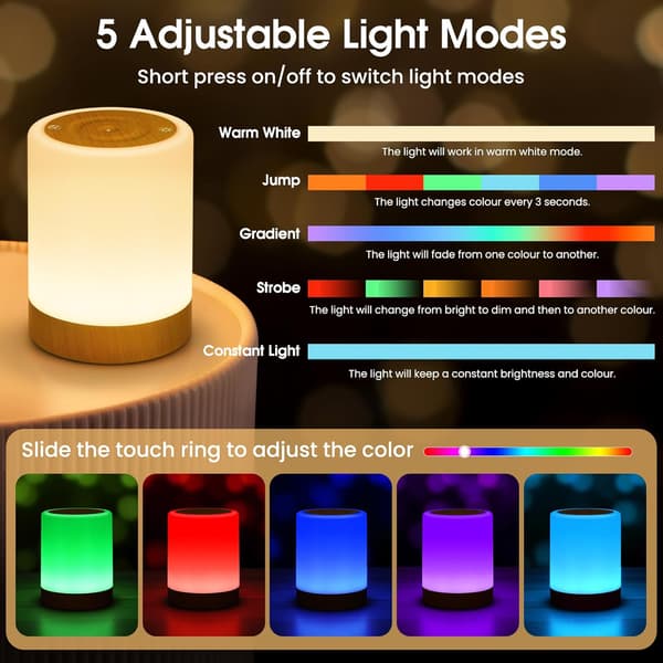 Touch LED Night Light, Dimmable Wireless Rechargeable Table Lamp with 5 Modes and 256 RGB Colors, Warm Light Bedside Lamp Timer Function
