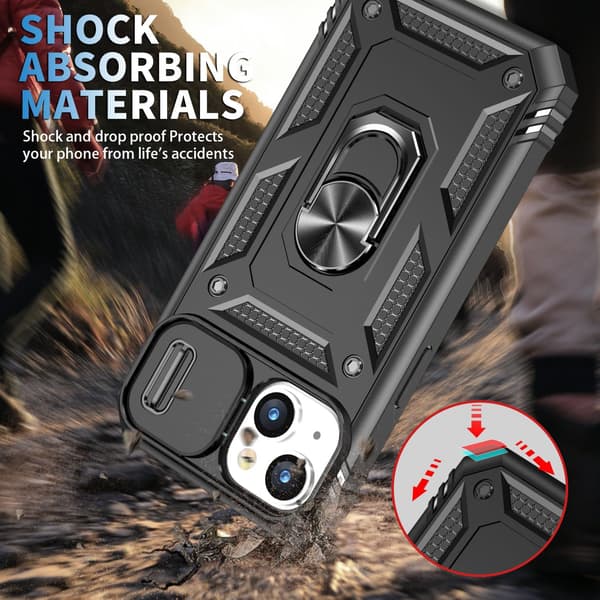 (Sort) 1. iPhone 15 Cover, Kamerahus med Roterende Ringholder til Apple iPhone 15