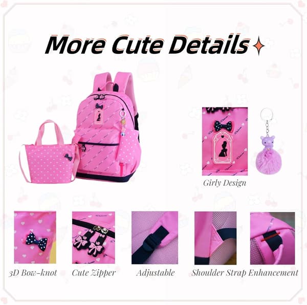 Heart Print Bow Backpack Set Elementary School Bag Travel Backpack Shoulder Bag Girls Backpack