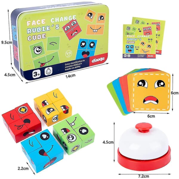Wooden Face-Changing Magic Cube, Building Blocks Game Matching Expression Puzzle Toy With Clock