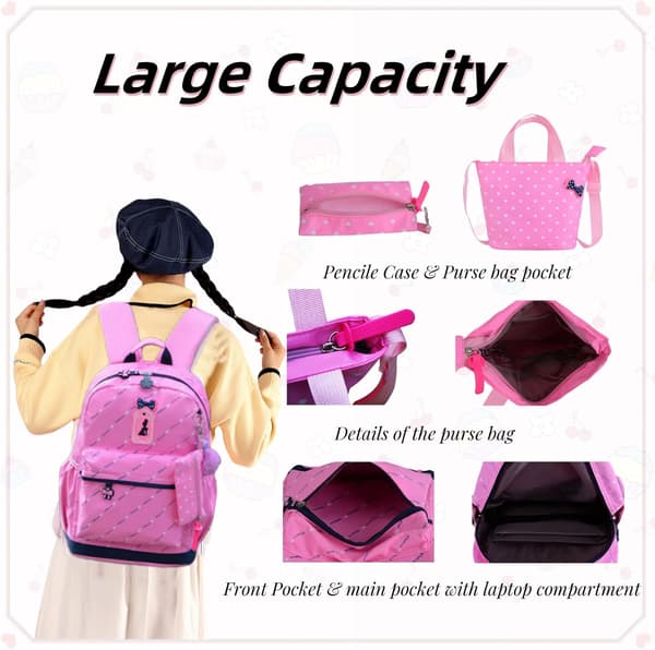Heart Print Bow Backpack Set Elementary School Bag Travel Backpack Shoulder Bag Girls Backpack