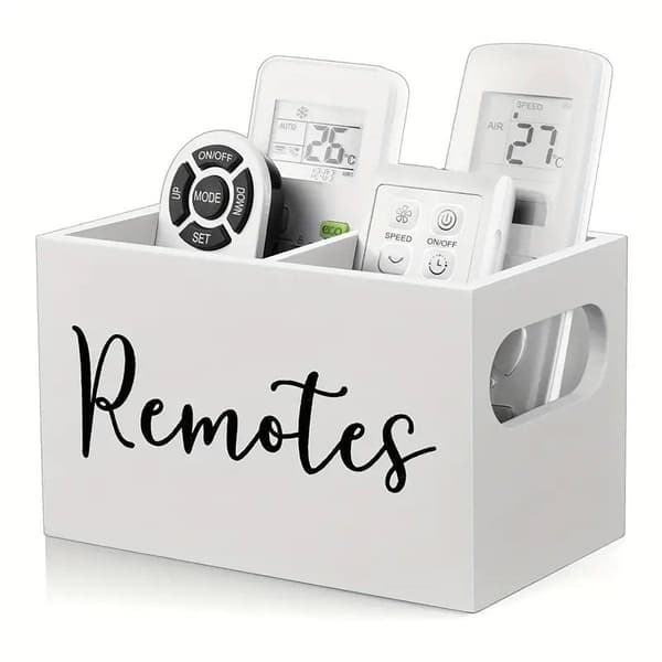 Wooden Storage Box with Compartments Remote Control Holder Desk Organizer for Home White