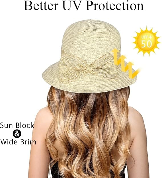 Adjustable Summer Hat for Women, Foldable, with Curly Bow, Suitable for All Occasions, Sun Hat, Sun Protection (Beige)