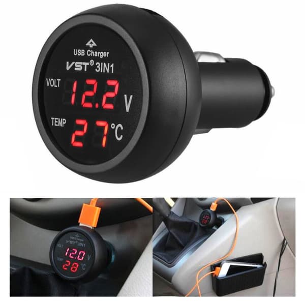 3-i-1 USB-billader med voltmeter og temperaturmåling
