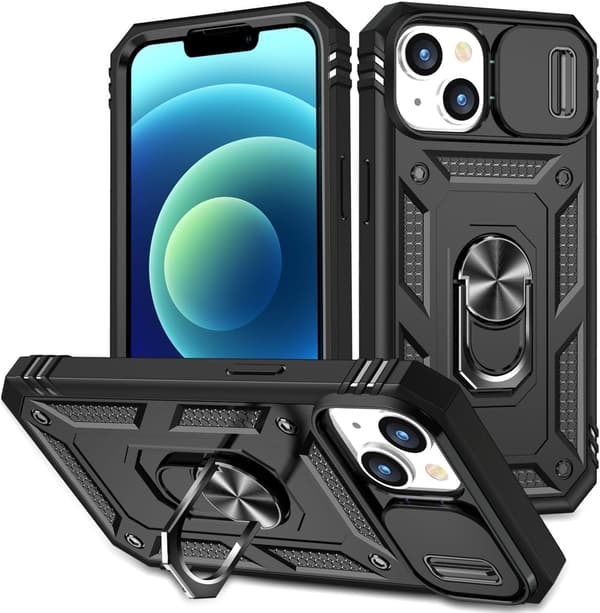 (Sort) 1. iPhone 15 Cover, Kamerahus med Roterende Ringholder til Apple iPhone 15