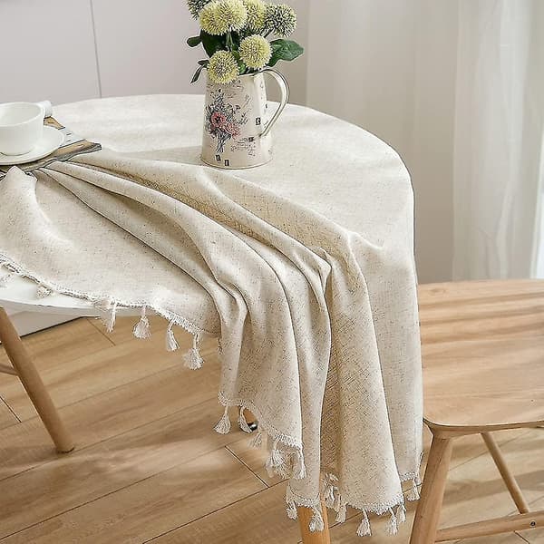 Round Solid Cotton Linen Tassel Tablecloth for Kitchen, Dining Room, Farmhouse