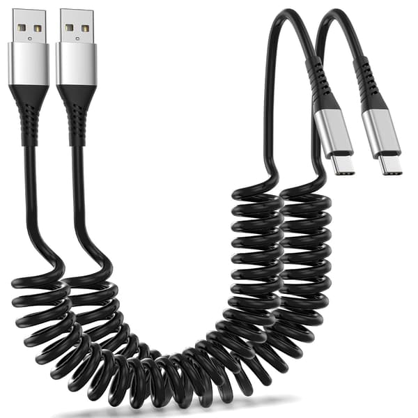 2025 Seneste Model Spiral USB C-kabel til Bil 2-pak, 3A USB Type C Opladerkabel Hurtigopladning, Udtrækkelig USB A til USB C Opladningsledning til