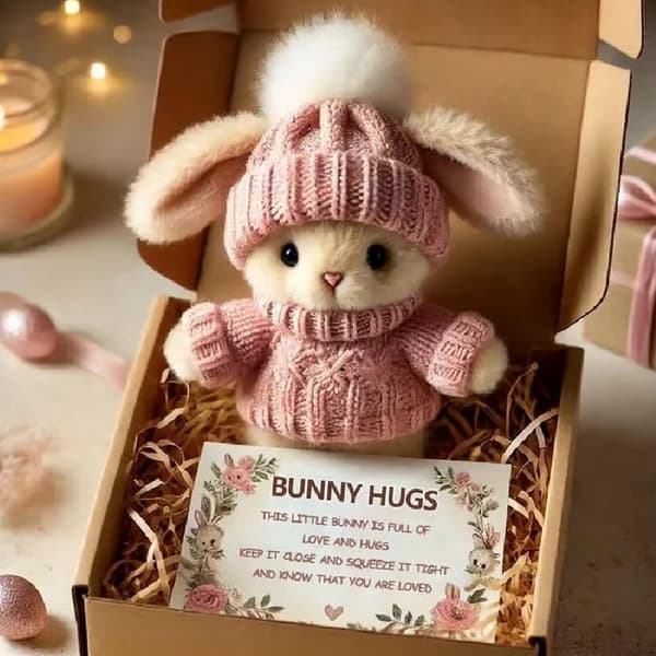 Mini Rabbit Plush Toy for Easter, Pocket-sized Bunny with Positive Message Card