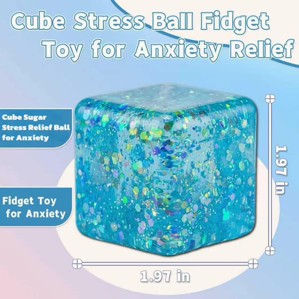 Squishy Blå Terning Sukker Stressbold Fidgetlegetøj, Glitter Sensorisk Klemme Fidgetlegetøj til Drenge og Piger